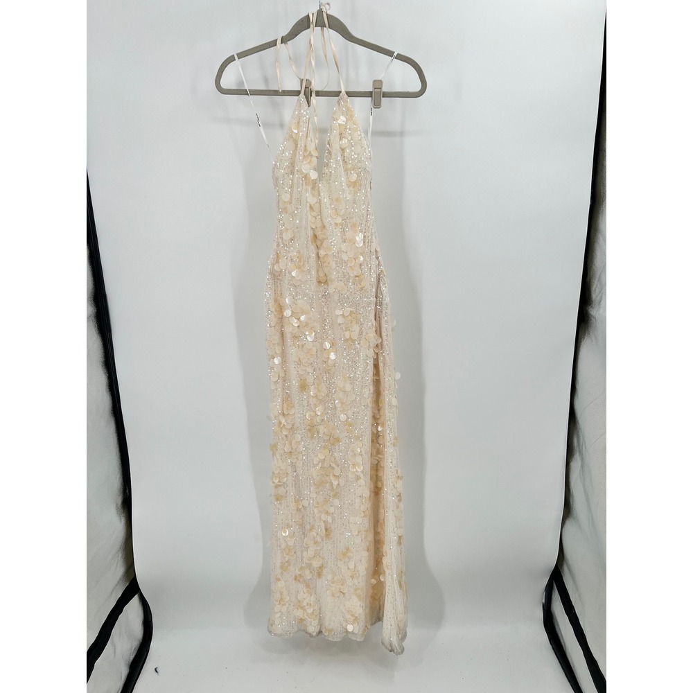 Tiger Mist Sequin Paillette Halter Maxi Dress Cream XS TM18673 Formal Gown
